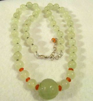 VINTAGE STERLING INTAGLIO SHOU Design Green White Icy Jade Jadeite Necklace 5