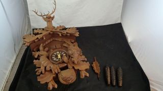 Vtg German Wooden Black Forest Cuckoo Clock Stag Bachmaier Klemmer 1 Day