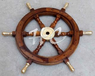 18 " Wooden Steering Boat Brass Spoke Captains Maritime Nautical Beach Ship Wheel
