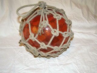 Vintage Japanese Fishing Float Red/orange Glass With Rope Netting Large 10 Inch