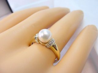 Cultured Akoya Pearl Bright White 6.  96 Mm.  W/.  02 Tcw Diamonds 14k Gold Ring