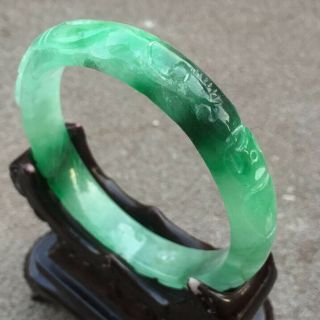 58mm Chinese Old Jadeite Bangle Hand - Carved Flower Design Jade Bracelet O164