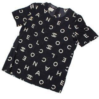 Chanel Coco Logos Short Sleeve Tops Black Silk 40 Vintage France Auth Z192 M