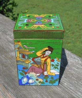 Antique Chinese Cloisonne Box Green 4 Different Scenes 2 " S Square 3 " S Tall