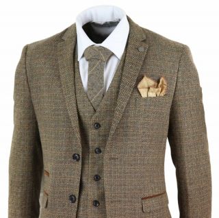 Mens 3 Piece Suit Tweed Check Vintage Retro Peaky Blinders Tailored Fit 1920s