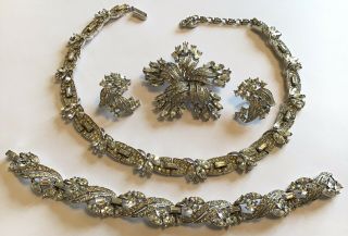 Vintage Crown Trifari Signed Clear Rhinestone Necklace Full Parure