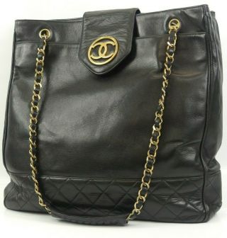 R1719 Auth Vintage Chanel Black Lambskin Cc Lock Large Chain Shopper Tote Bag