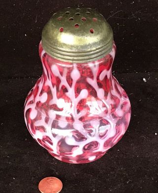 Antique Cranberry Pattern Glass Muffineer Sugar Shaker Orig.  Top Tight Ec Nr