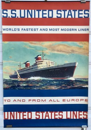 Vintage Rare 1950’s S.  S.  United States Lines Europe Cruise Ship Poster 20 X 30