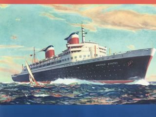 Vintage Rare 1950’s S.  S.  United States Lines Europe Cruise Ship Poster 20 x 30 2