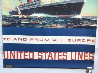 Vintage Rare 1950’s S.  S.  United States Lines Europe Cruise Ship Poster 20 x 30 3