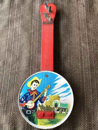 3 VINTAGE TIN TOYS CIRCA 1950 ' s,  2 Cars And a Banjo With 4 Strings.  MADE IN JAPAN 2