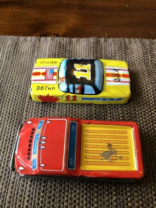 3 VINTAGE TIN TOYS CIRCA 1950 ' s,  2 Cars And a Banjo With 4 Strings.  MADE IN JAPAN 3