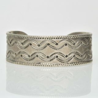 Vintage Sterling Silver Navajo Hand Stamped Etched Wide Cuff Bracelet Estate