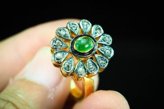 Ravishing Rose Cut Diamond Colombian Emerald Pollen Flower Gold S/silver Ring