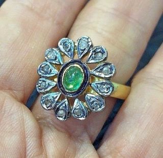 Ravishing Rose Cut Diamond Colombian Emerald Pollen Flower Gold S/Silver RIng 3