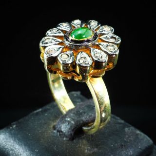 Ravishing Rose Cut Diamond Colombian Emerald Pollen Flower Gold S/Silver RIng 7