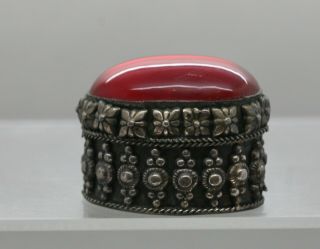 Stunning Vintage Tibetan Silver Alloy Trinket Box Set With Large Red Stone