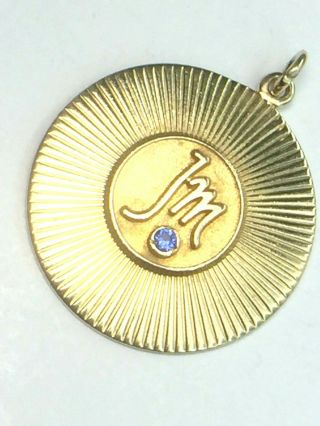 Heavy 14k Yellow Gold Natural Round Cut Sapphire Monogram " Jm " Charm.  6.  7gm