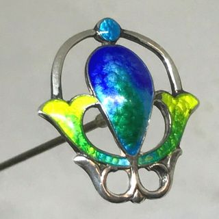 Antique Hat Pin Sterling Enamel.  Brilliant Blues & Greens.  Striking Collectible 2