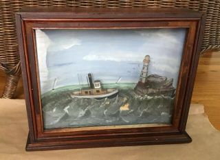Antique 20thc American Maritime Nautical Folk Art Diorama,  Lighthouse,  Tug Boat