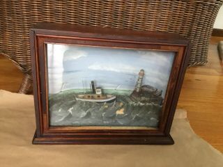 Antique 20thC American Maritime Nautical Folk Art Diorama,  Lighthouse,  Tug Boat 2