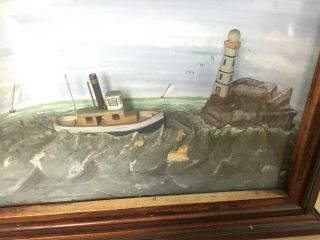 Antique 20thC American Maritime Nautical Folk Art Diorama,  Lighthouse,  Tug Boat 3