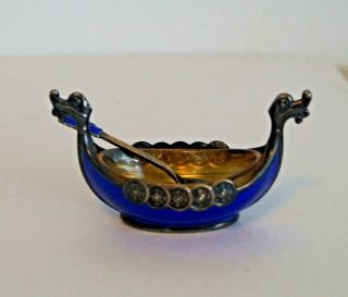 Blue Enamel Sterling Silver Viking Ship Salt Cellar W/ Spoon (norway)