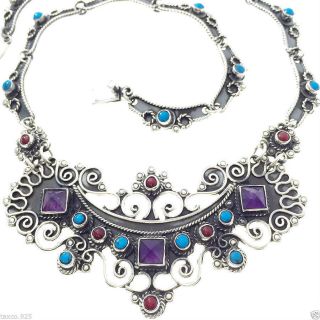 Vintage Style Taxco Mexican 925 Sterling Silver Amethyst Scroll Necklace Mexico