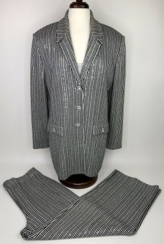 Vintage St John Evening Marie Gray Rainbow Sparking Beaded Pinstripe Pant Suit