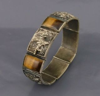Antique Chinese Bracelet Of White Metal & Tiger 