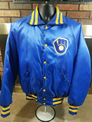 Vintage Milwaukee Brewers Mlb Baseball Satin Snap Jacket Mens Size Large Blue
