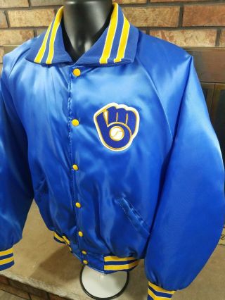 Vintage Milwaukee Brewers MLB Baseball Satin Snap Jacket Mens Size Large Blue 2