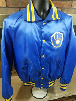 Vintage Milwaukee Brewers MLB Baseball Satin Snap Jacket Mens Size Large Blue 3