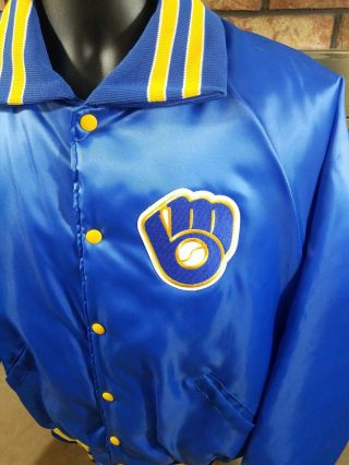 Vintage Milwaukee Brewers MLB Baseball Satin Snap Jacket Mens Size Large Blue 4