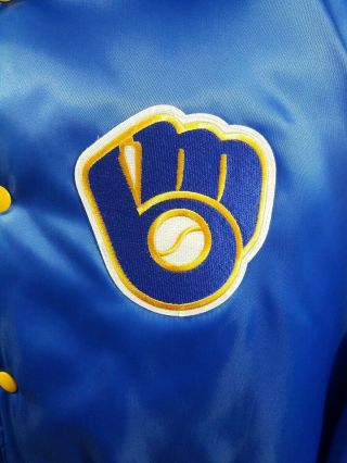 Vintage Milwaukee Brewers MLB Baseball Satin Snap Jacket Mens Size Large Blue 5