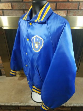 Vintage Milwaukee Brewers MLB Baseball Satin Snap Jacket Mens Size Large Blue 6