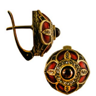 Imperial Russian Silver Faberge Design Earrings Fine Enamel Gilding Garnet