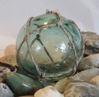 Vintage Japanese Glass Fishing Float Full Net,  Rare Makers Mark,  Aqua Blue (20)