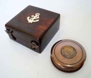 Brass Compass Wooden Box Case Stanley London Hiking Navigation Pocket Compass