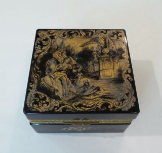 Unusual 19th C.  Antique French Opaline Black Glass Hand Enameled Box
