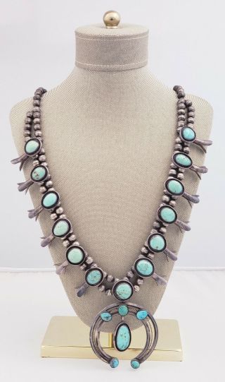 Vintage Navajo Silver Squash Blossom Heavy Turquoise Necklace 12