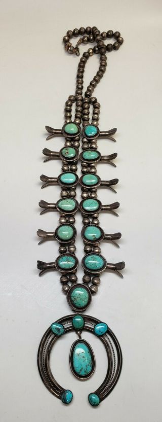Vintage Navajo Silver Squash Blossom Heavy Turquoise Necklace