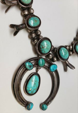 Vintage Navajo Silver Squash Blossom Heavy Turquoise Necklace 4