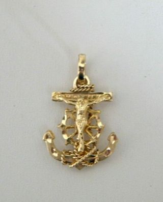Vtg Solid 14k Yellow Gold Nautical Anchor Rope Ship Wheel & Christ Cross Pendant