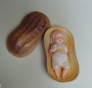 Vintage Miniature Jointed Doll In Peanut Shell Made In Hong Kong