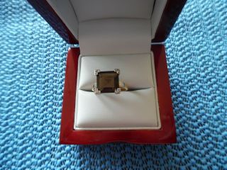 Vintage 14k Ring Smokey Topaz Emerald Cut And Diamonds Size 7 Yellow Gold