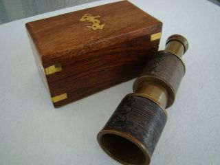Antique Finish Brass Telescope W/ Leather Grip & Wooden Box Hand Held Spyglass