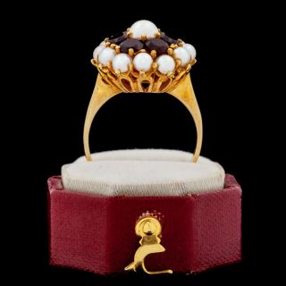 Antique Vintage Deco Retro 18k Gold Bohemian Garnet Akoya Pearl Ring Sz 6.  25