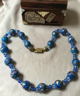 Vintage Venetian Murano Blue Millefiori Art Glass Bead Necklace Antique 16”